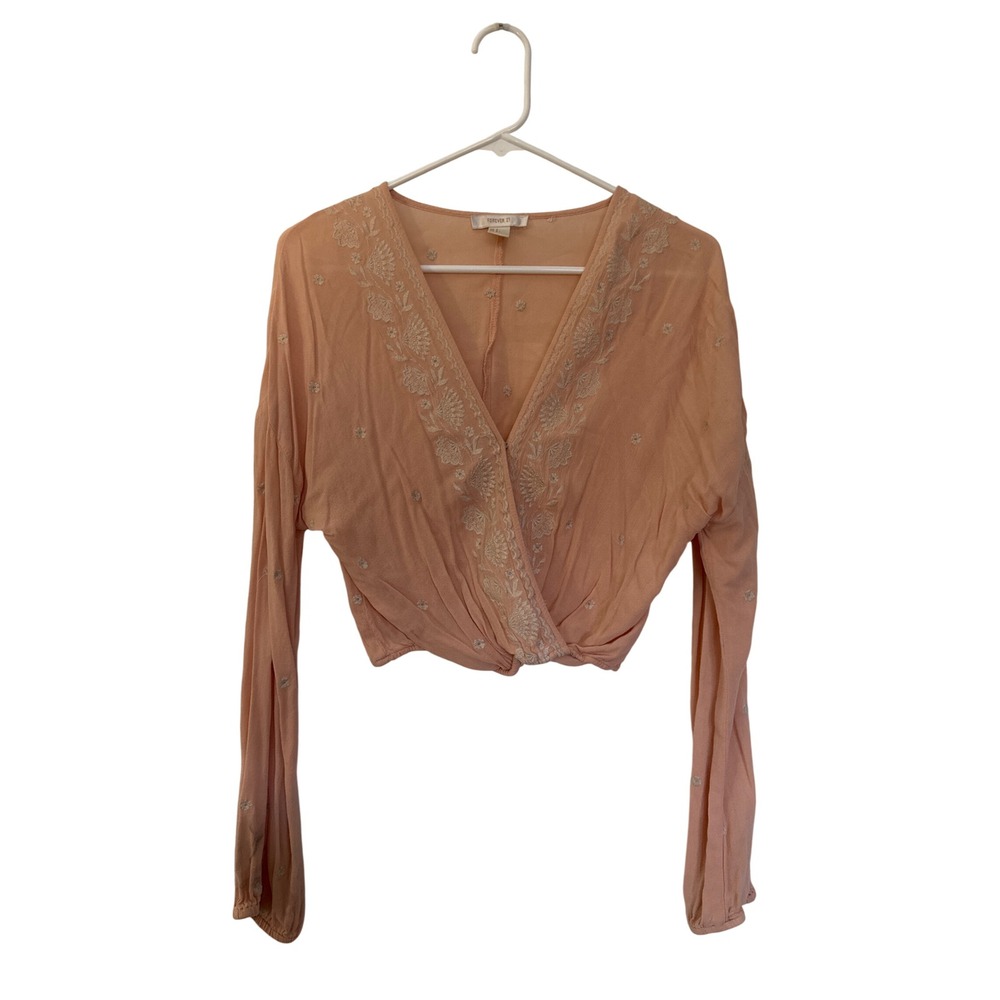 Forever 21 Peach Embroidered Wrap Crop Top Long Sleeve V-Neck Boho Small